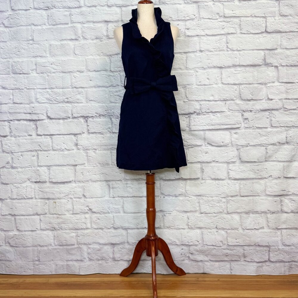 Milly Navy Blue Jacquard Bow Ruffle Wrap Dress